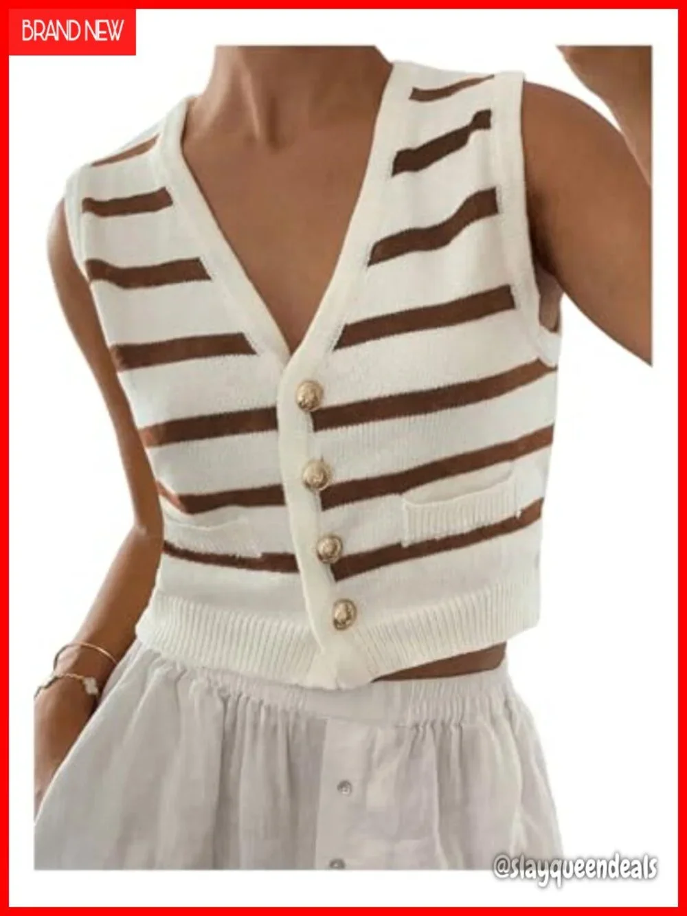 Striped Button Up Cropped Sweater Vest Sleeveless V Neck Knit Tank Top